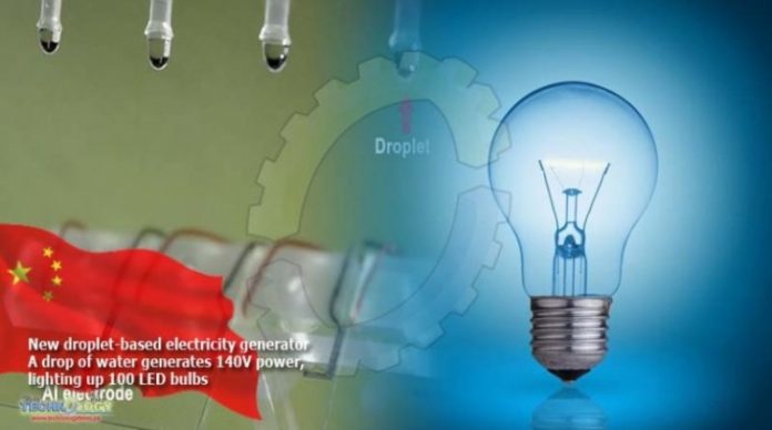 A drop of water generates 140V power, lighting up 100 LED bulbs